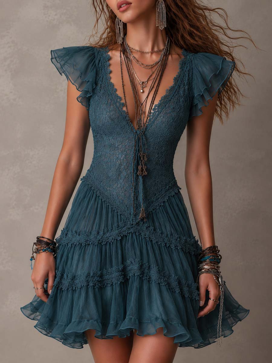 Sea blue lace chiffon ruffled mini dress front view