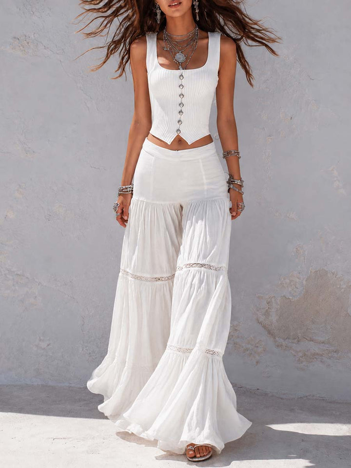 White ribbed corset top tiered lace pants set front view
