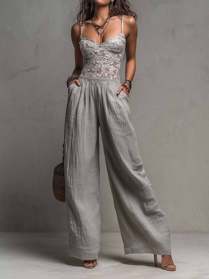 Light grey lace crinkle wide-leg jumpsuit front view