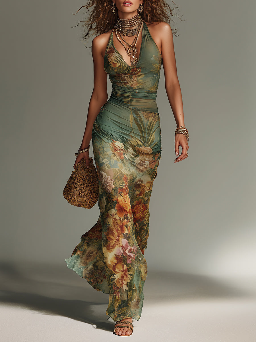 Retro oil painting floral print slim-fit mesh maxi dress front view