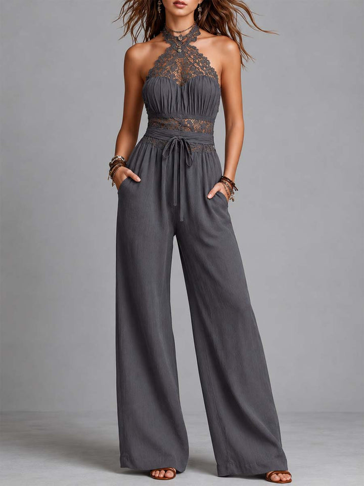 Charcoal lace halter wide-leg jumpsuit front view