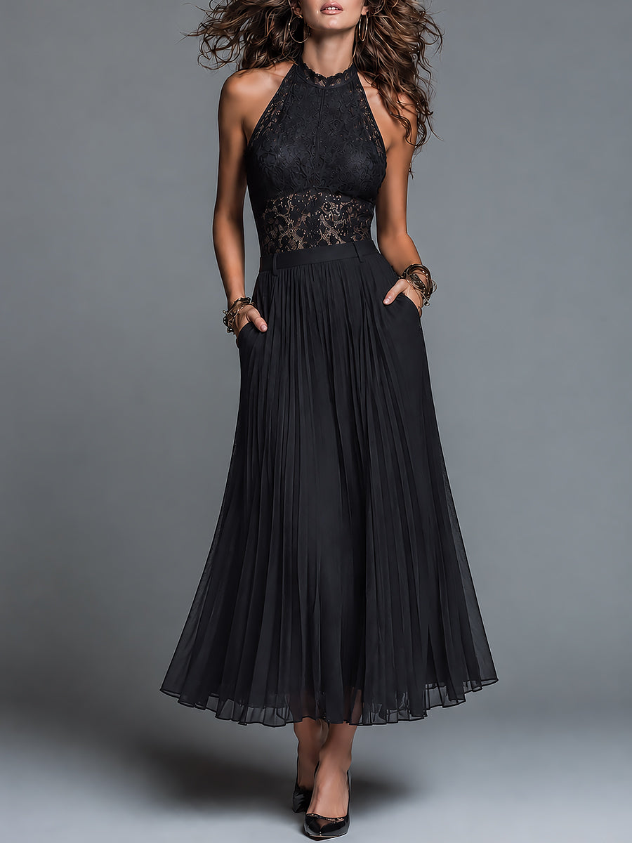 Retro stand-collar cutout lace top and chiffon pleated skirt set front view