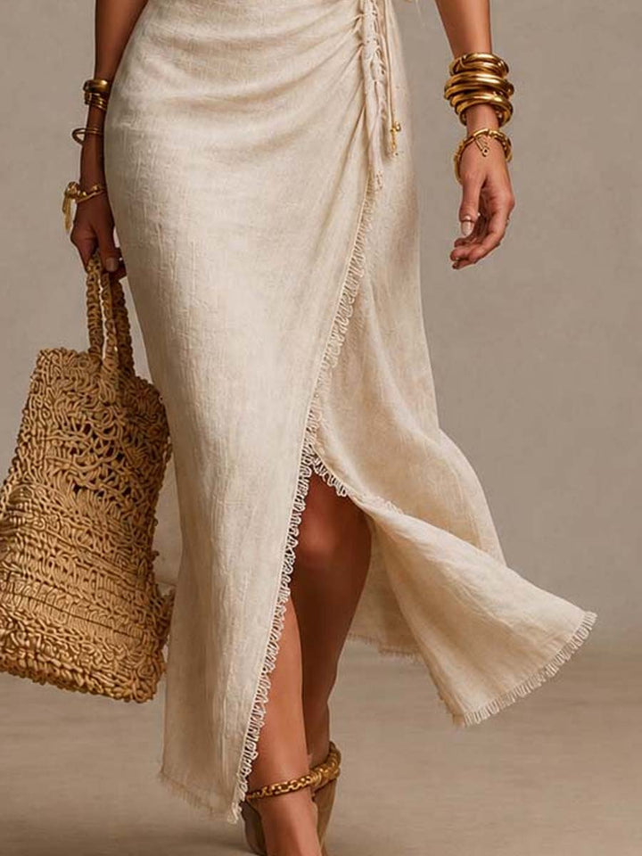 Linen wrap midi dress styled casual look