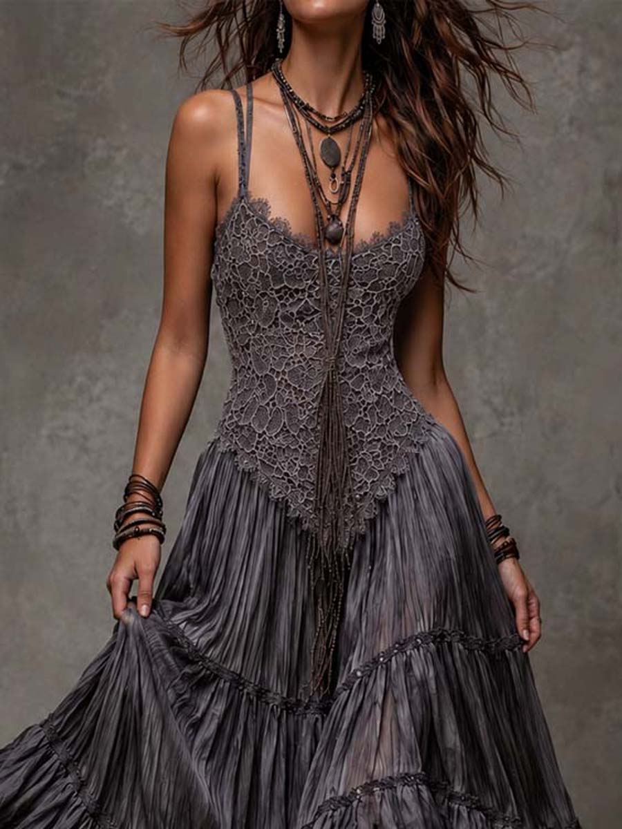 Dark gray tiered crinkle maxi styled look