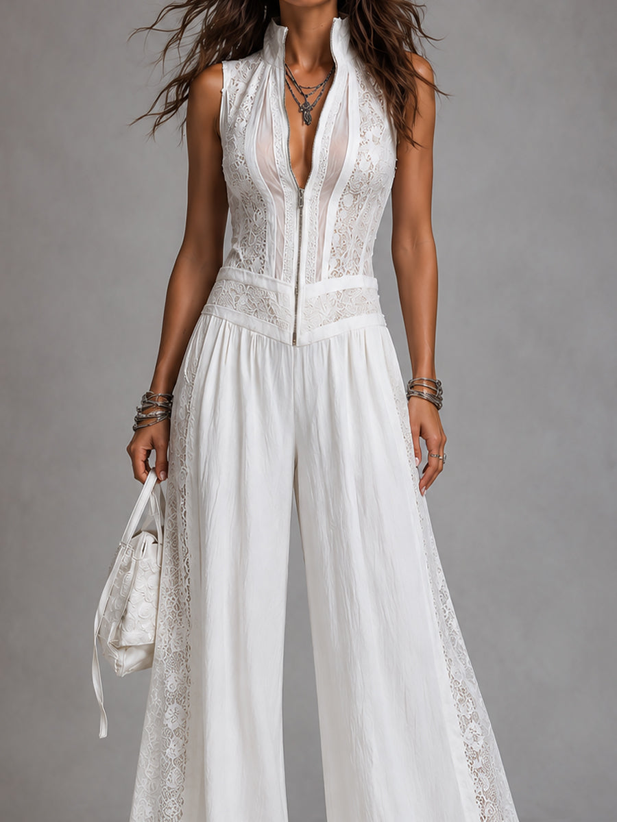 Retro tencel lace trim jumpsuit styled outfit