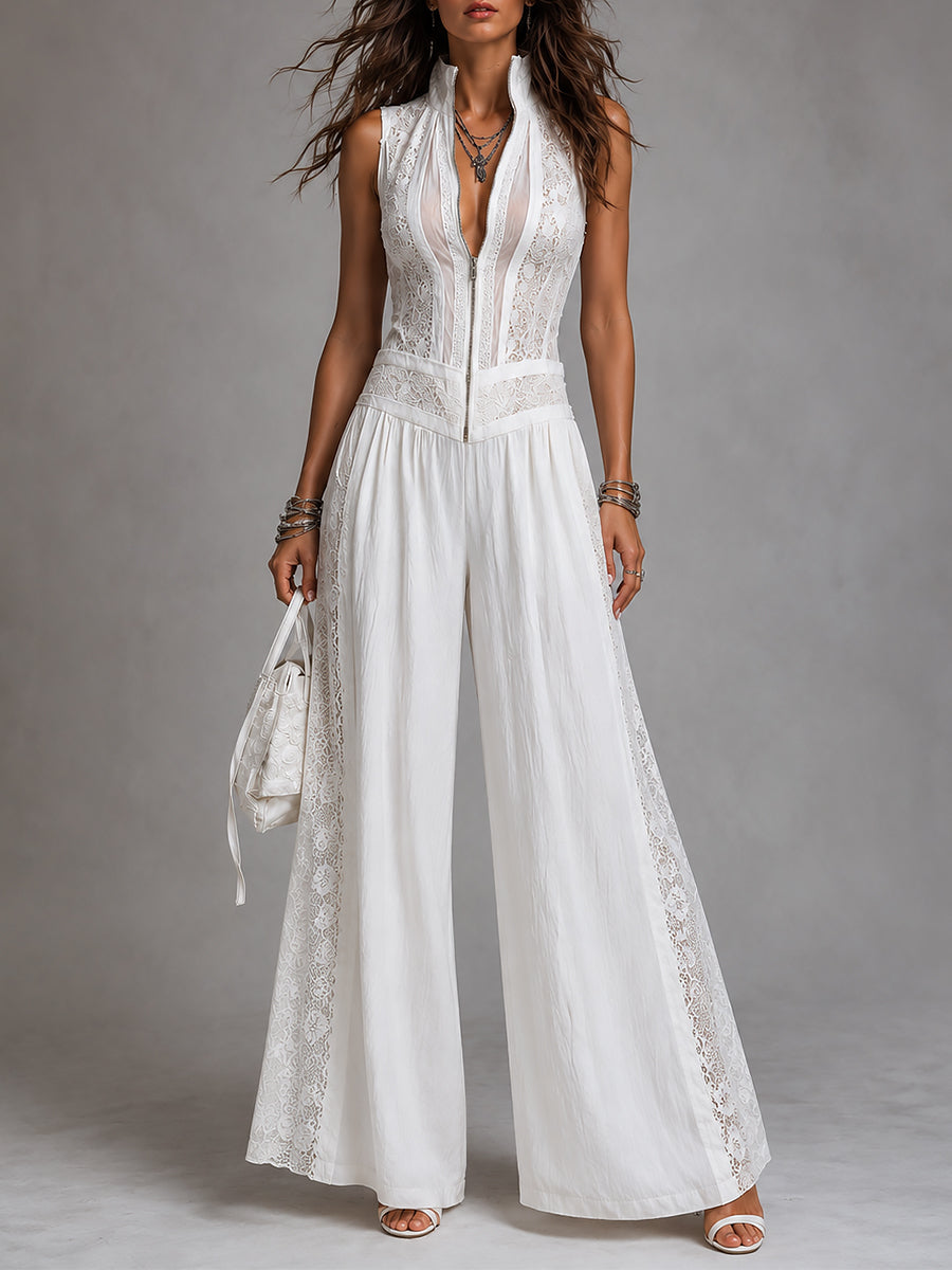 Retro stand-collar tencel wide-leg jumpsuit with lace trim front view