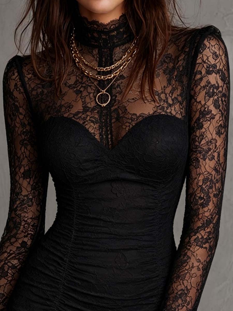 Ruched bodycon mock neck mini dress back view