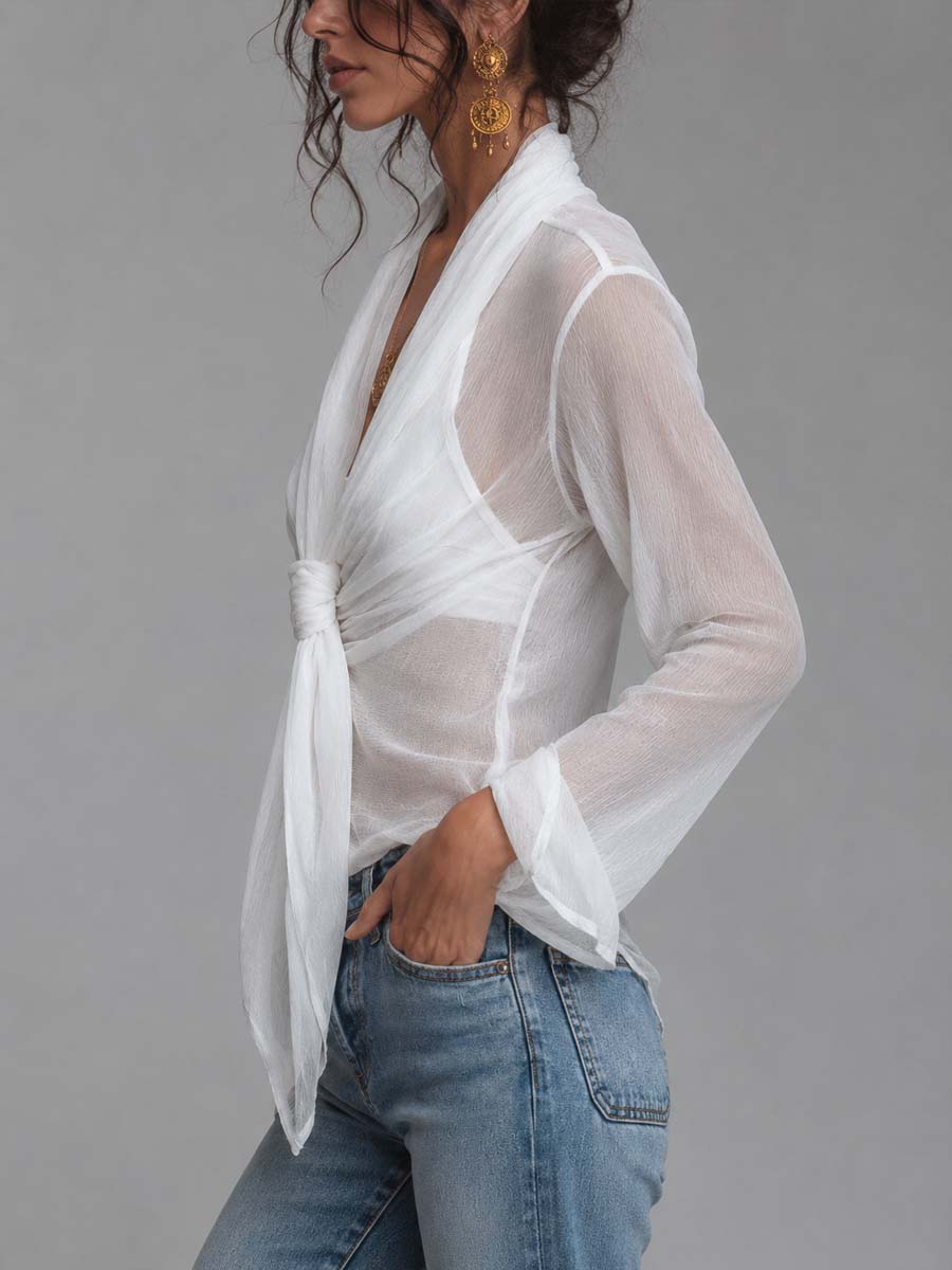 Wrap front tie knot chiffon blouse back view