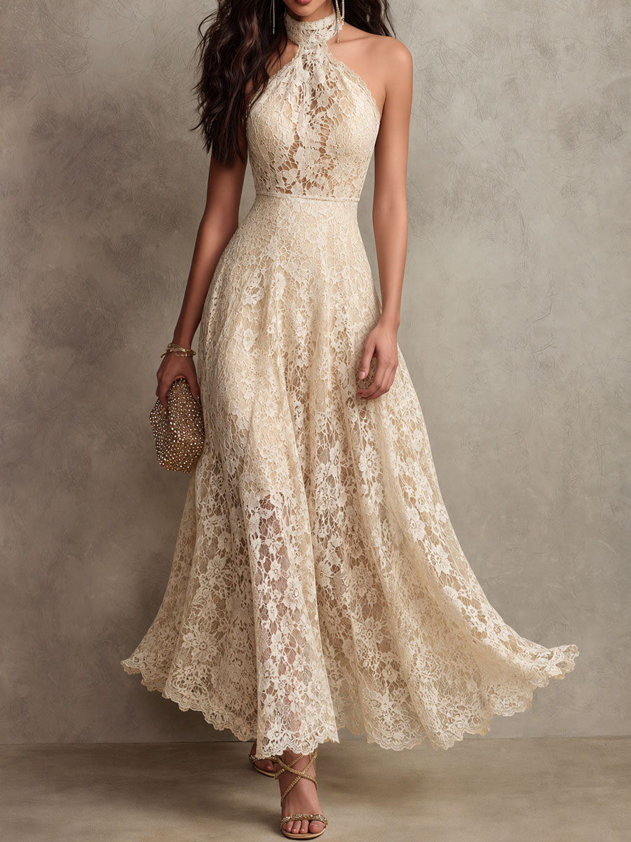 Ivory lace halter evening maxi dress front view