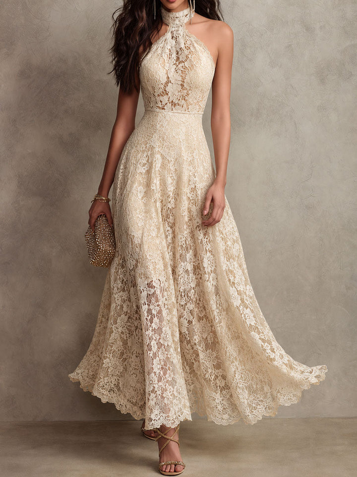 Ivory lace halter evening maxi dress front view