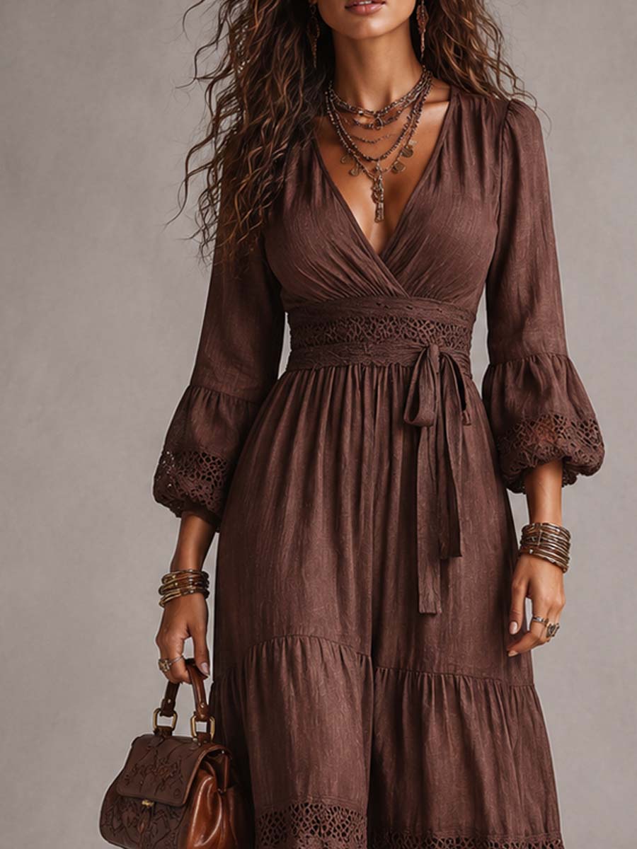 Lace trim puff sleeve midi dress back view