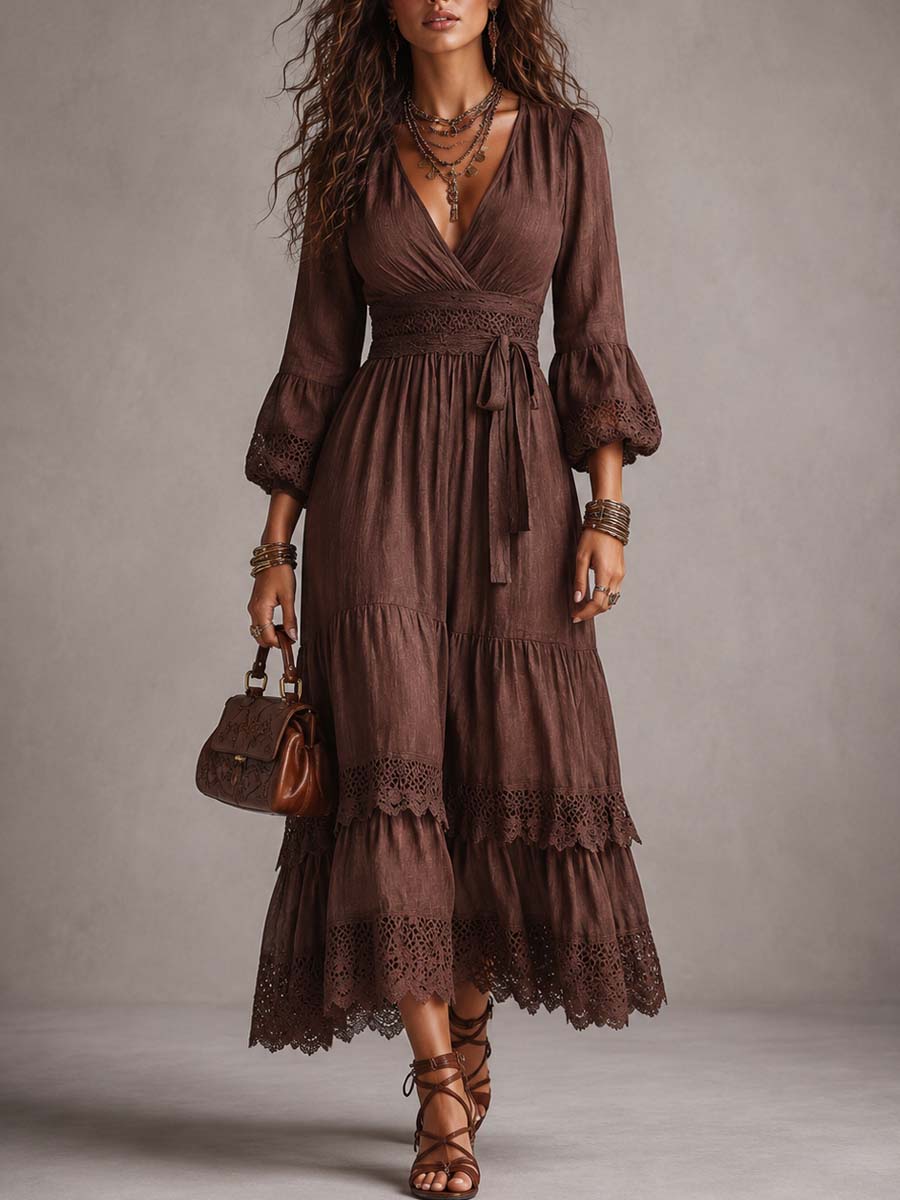 Vintage puff sleeve lace trim midi dress front view