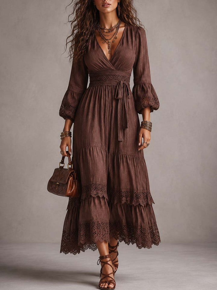 Vintage puff sleeve lace trim midi dress front view