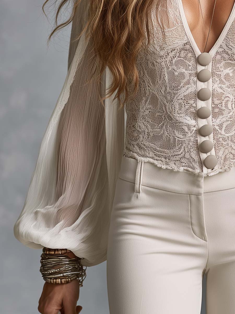Deep V sheer lace button-front blouse side view