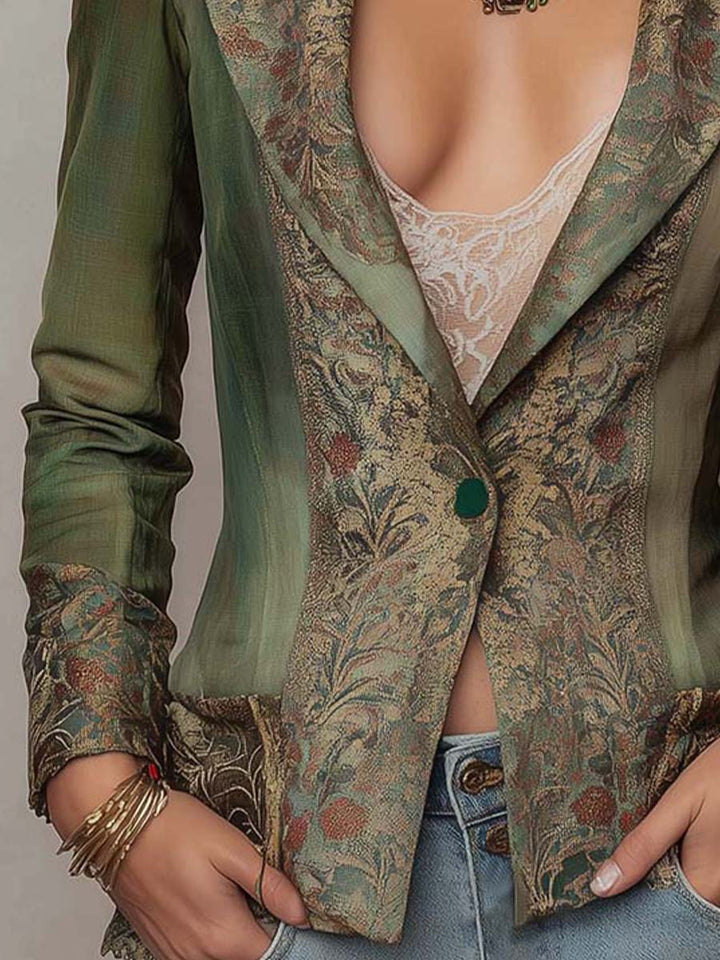 Floral tapestry olive blazer styled outfit