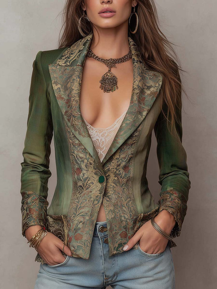 Floral tapestry contrast lapel olive green blazer front view