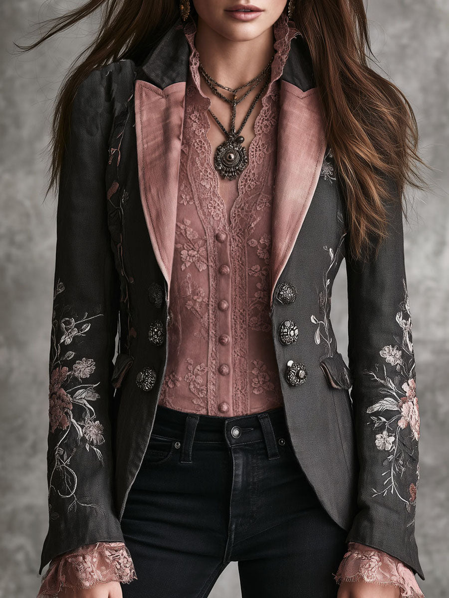 Retro black floral embroidered pink satin lapel blazer front view