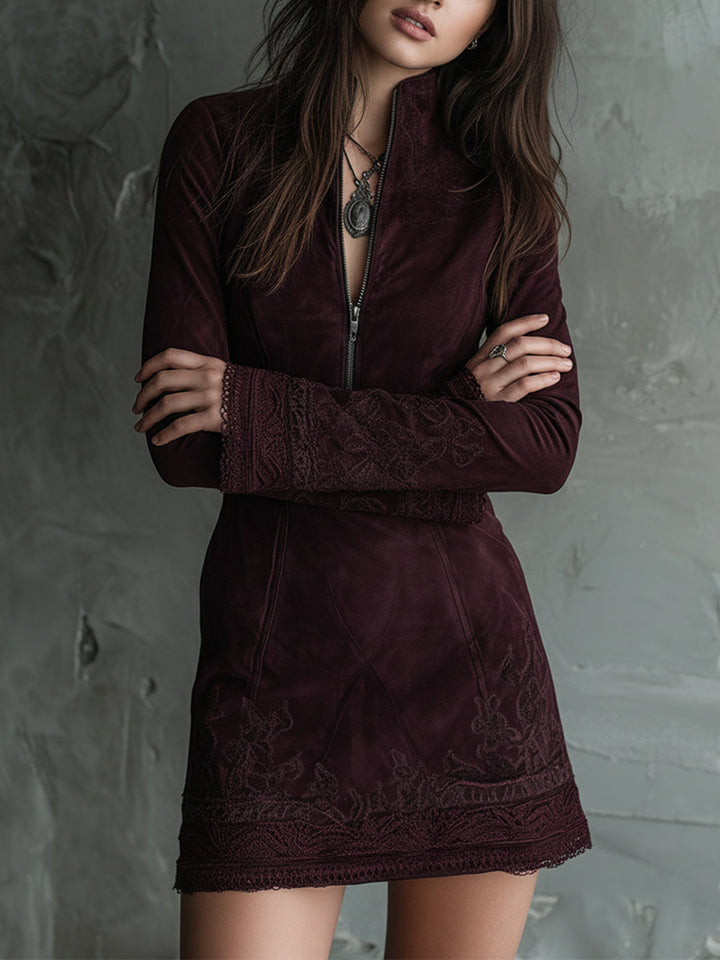 Vintage suede embroidered lace trim mini dress back view