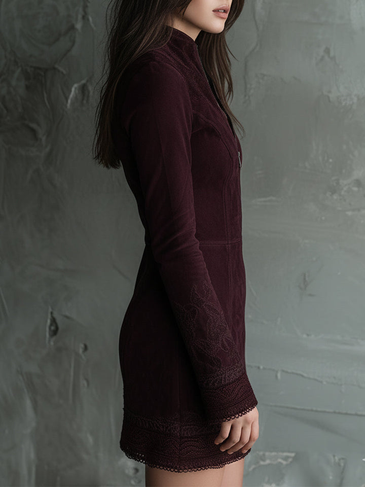 Vintage suede embroidered lace trim mini dress detail view