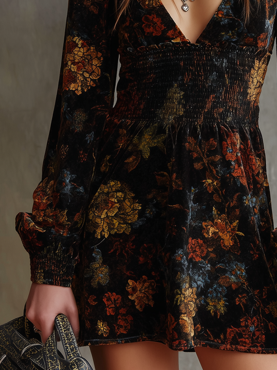Retro floral print pleated waist velvet mini dress styled view