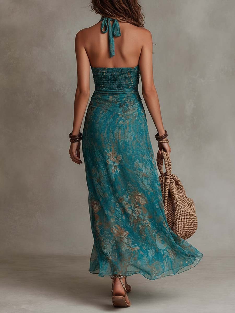 Boho floral halter maxi dress back view