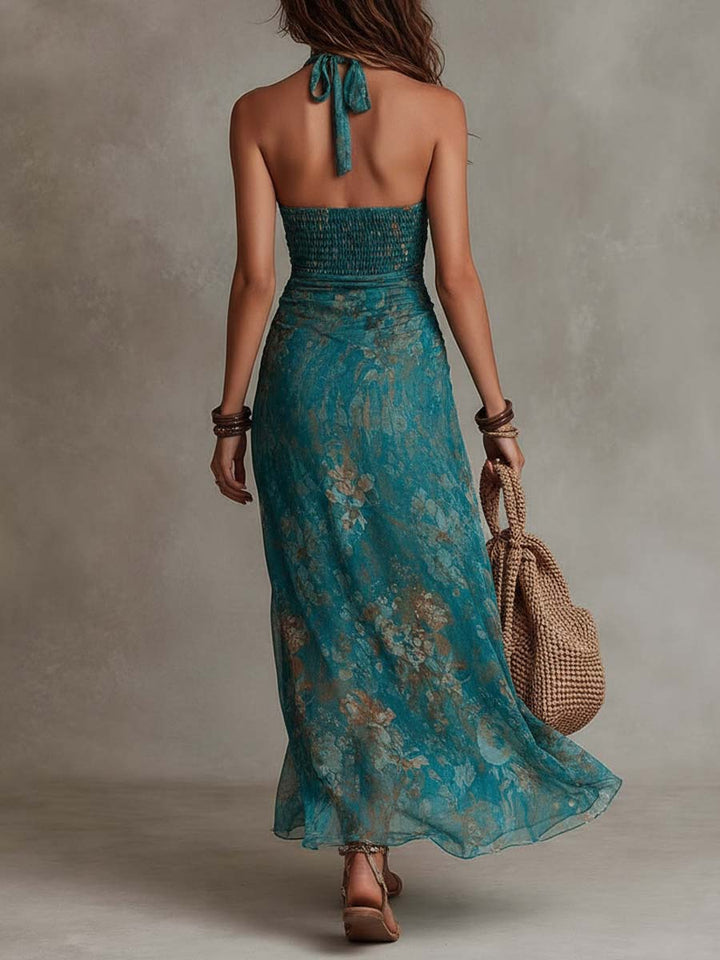 Boho floral halter maxi dress back view