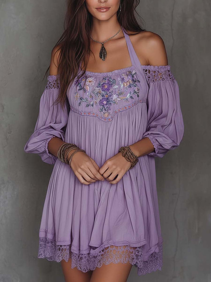 Vintage embroidered off-shoulder mini back view