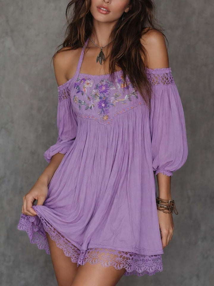 Embroidered off-shoulder mini dress side view