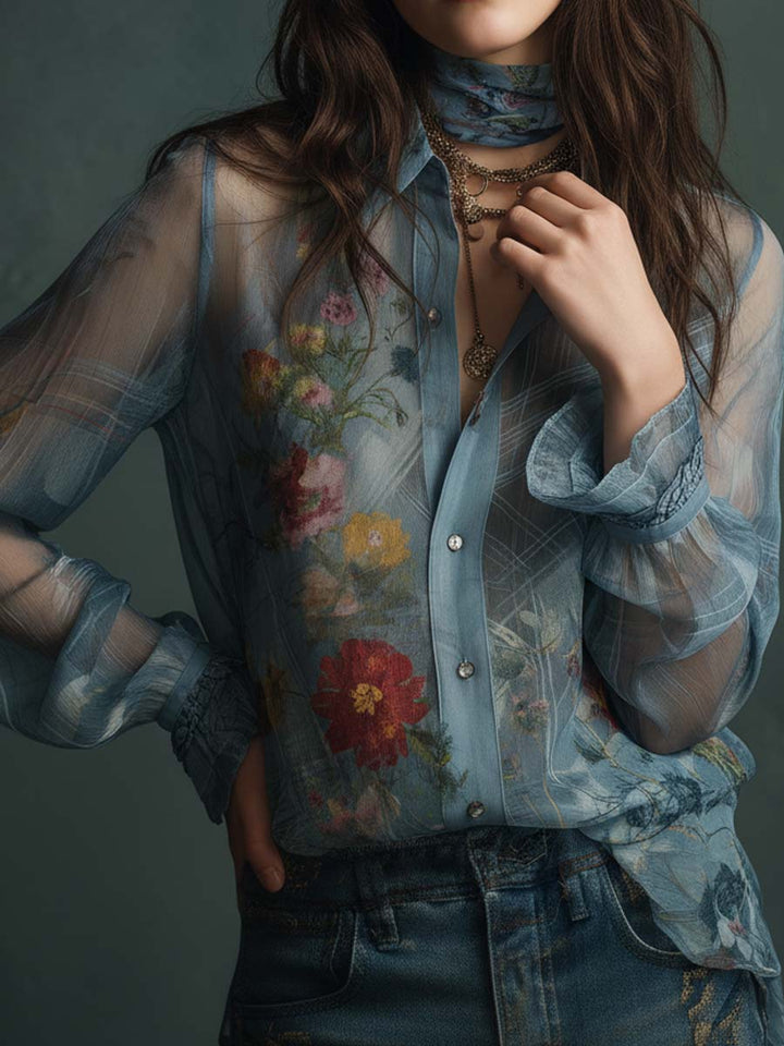 Vintage sheer floral button-up blouse styled look