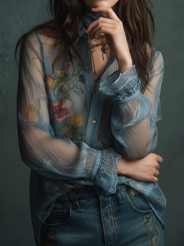 Sheer floral button-up blouse side view