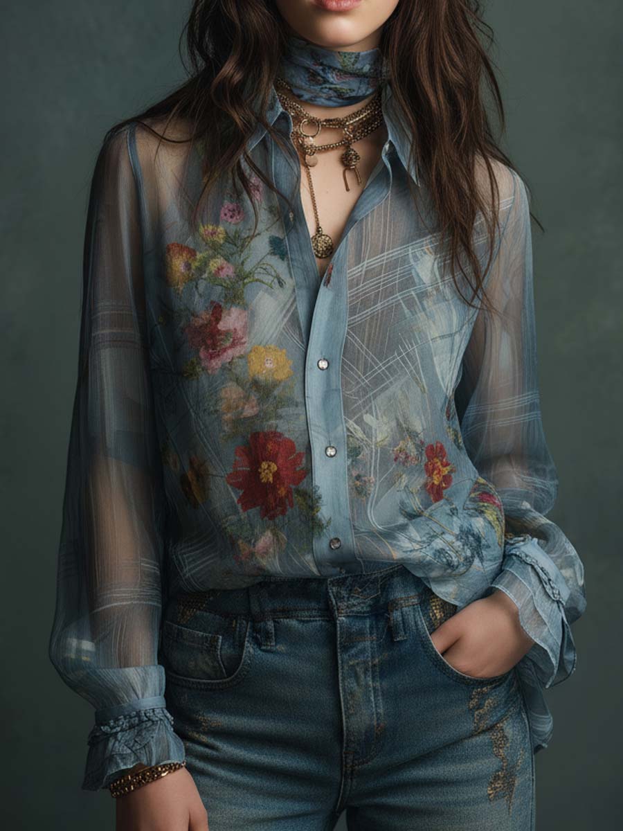Sheer floral blouse button detail close-up