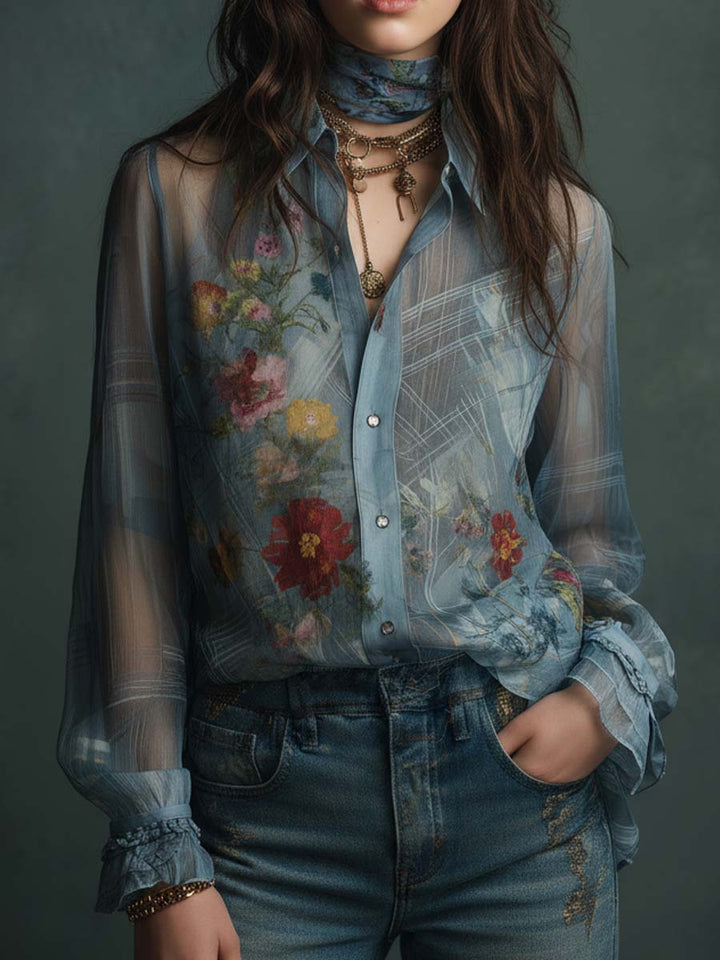 Sheer floral blouse button detail close-up