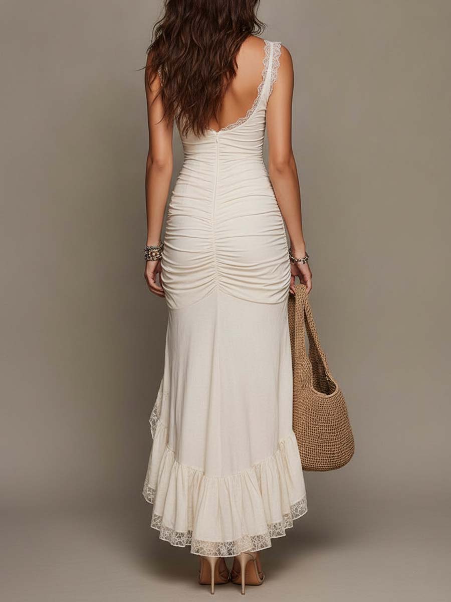 Lace trim mermaid midi dress side view