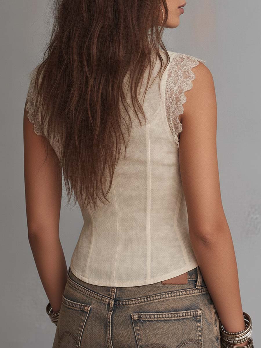 Corset top with ruffle lace trim back view