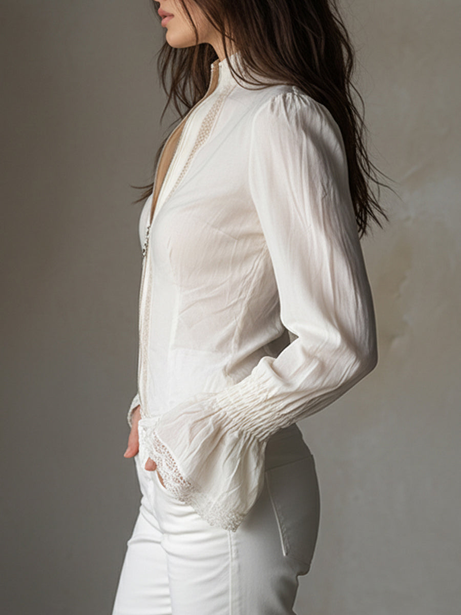 Lace trim bell sleeve blouse side view
