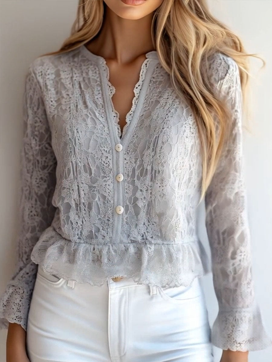 Stylish v-neck button down long sleeve lace shirt detail view