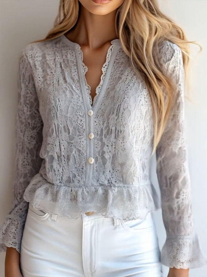 Stylish v-neck button down long sleeve lace shirt detail view
