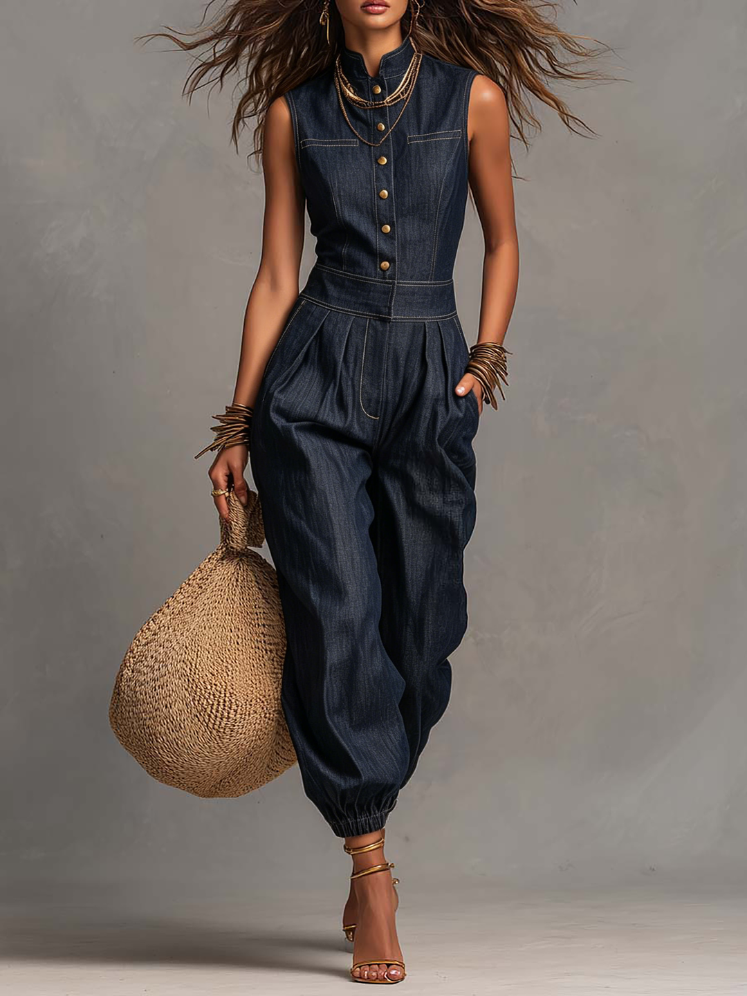 Retro tencel denim sleeveless jumpsuit front view