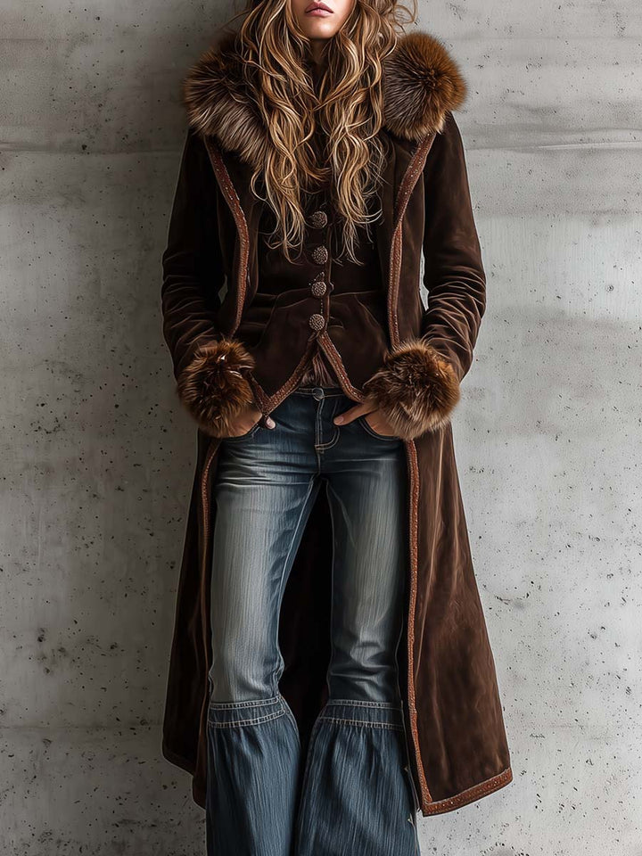 Brown microfiber suede maxi coat metal buttons faux fur trim front view