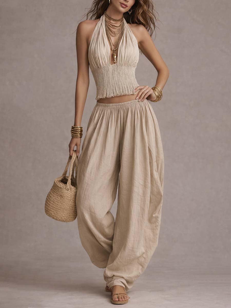 Halter crop top harem pants set side view