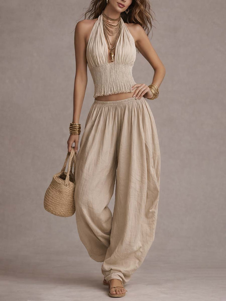Halter crop top harem pants set side view