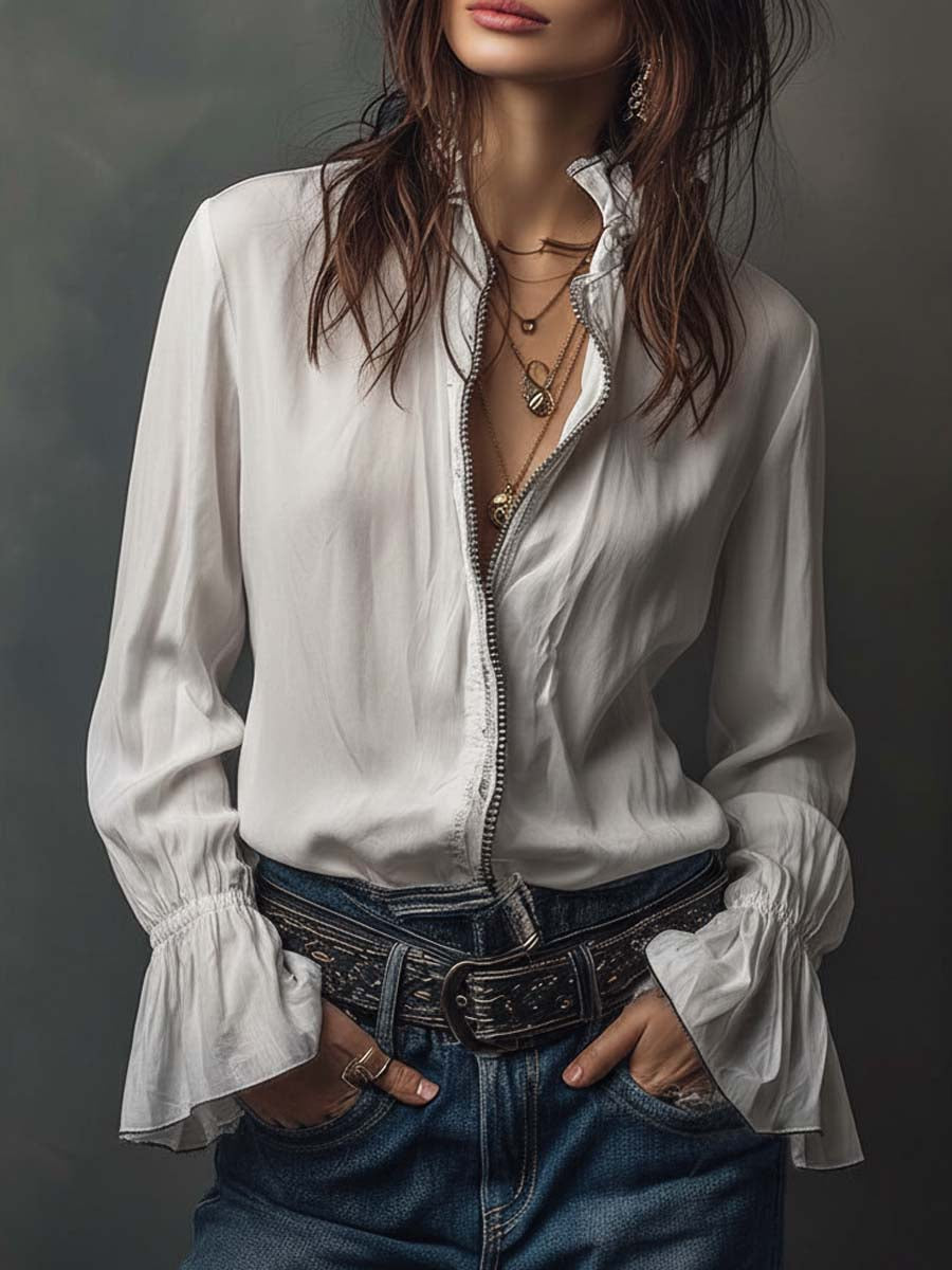 White zip-front blouse flounce cuffs front view