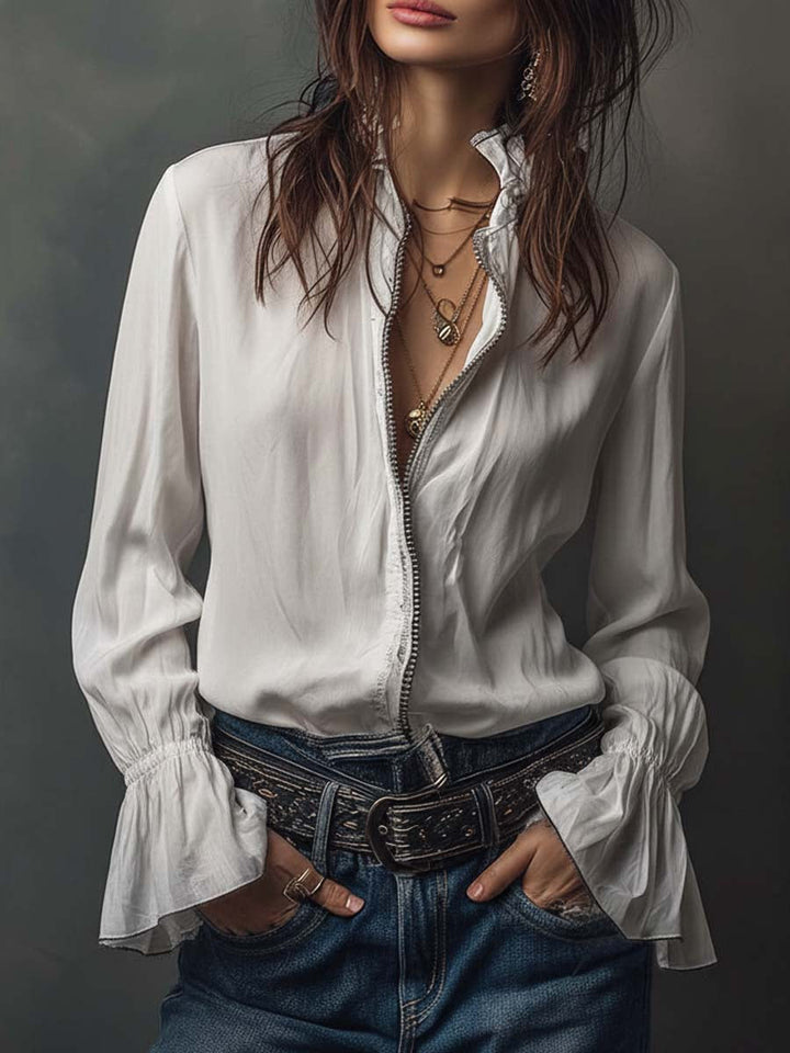 White zip-front blouse flounce cuffs front view