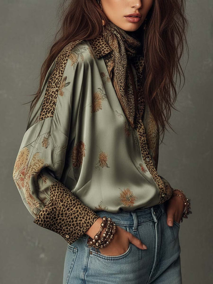 Leopard trim satin shirt detail close-up