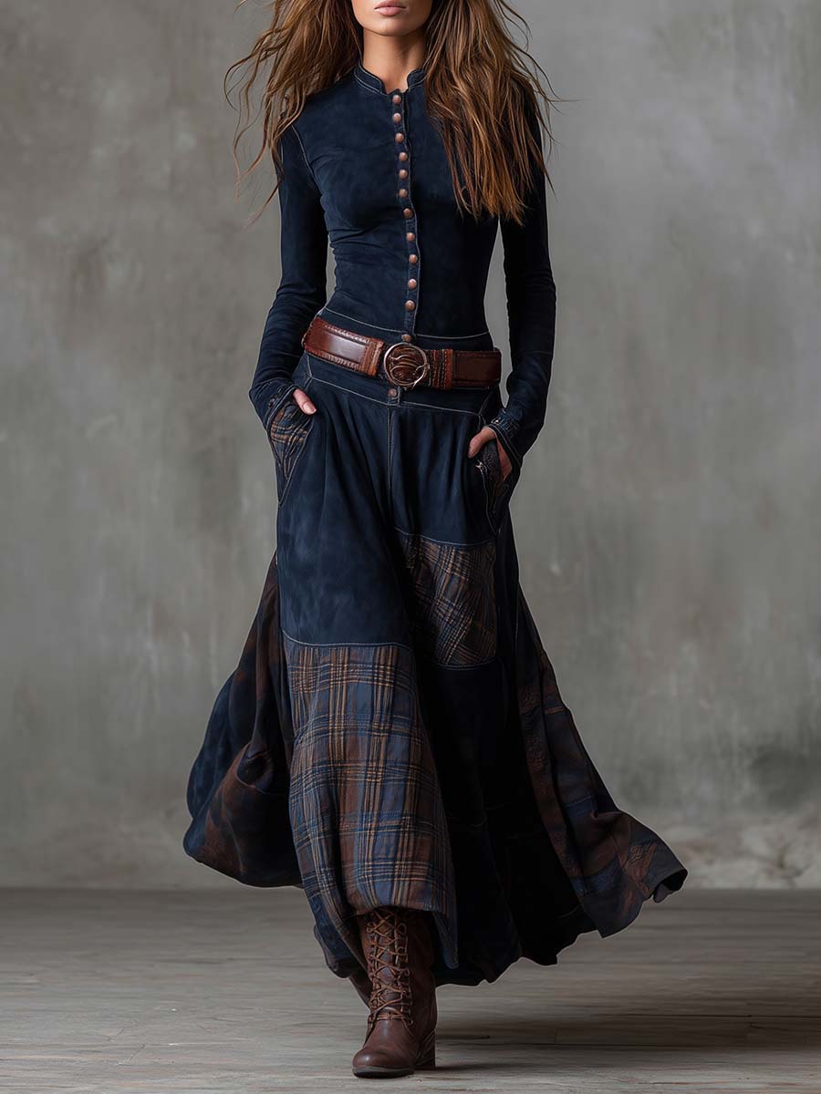 Vintage patchwork suede maxi dress plaid panels front view