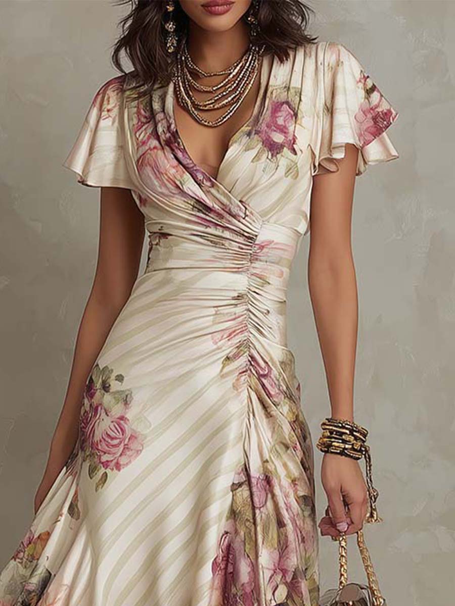 Elegant floral chiffon midi dress back view