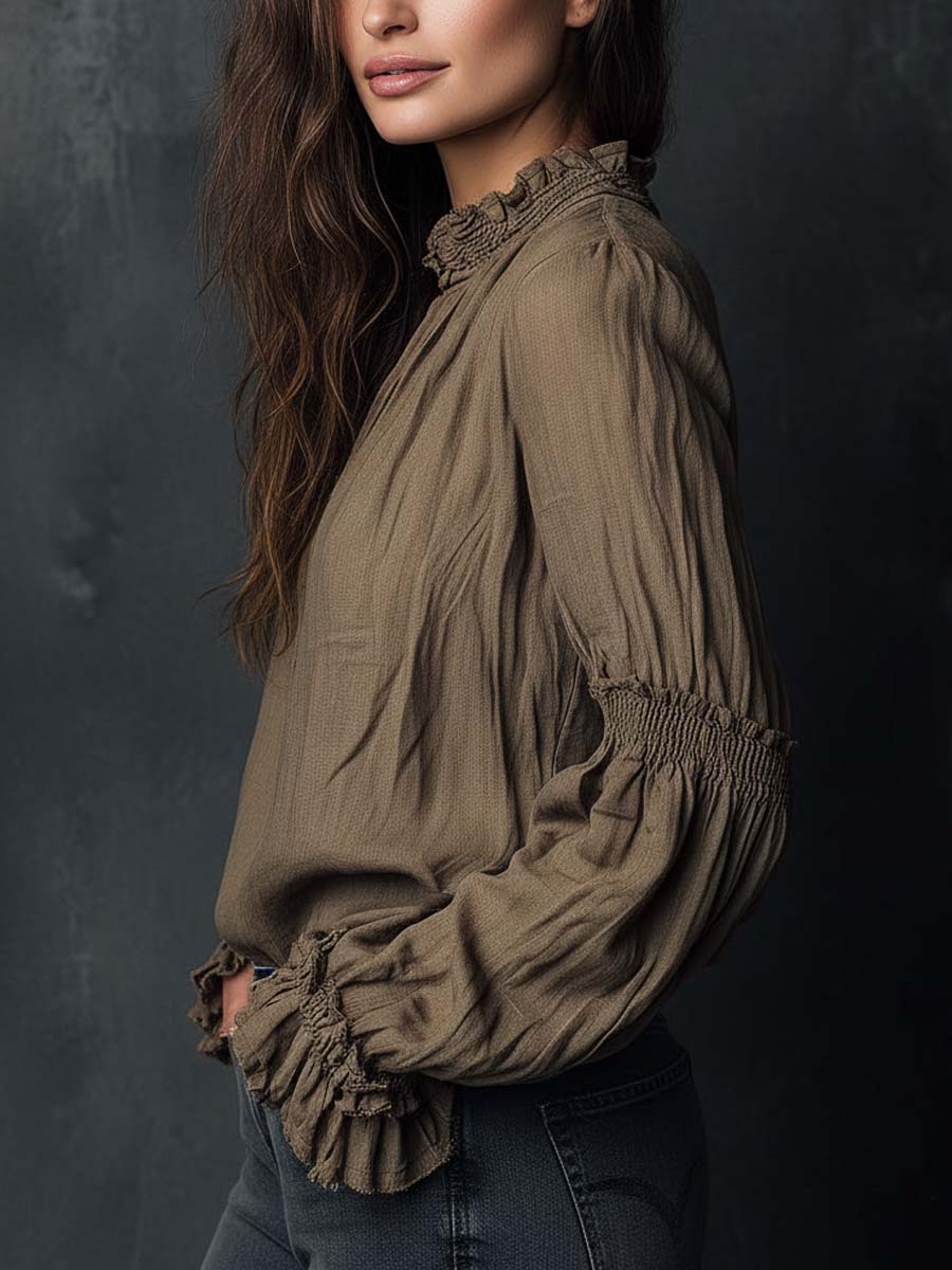 Boho ruffled cuff half-zip blouse back view