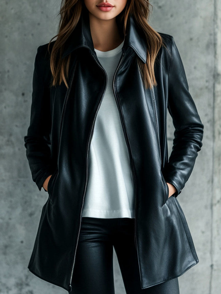Women simple lapel solid color faux leather jacket front view