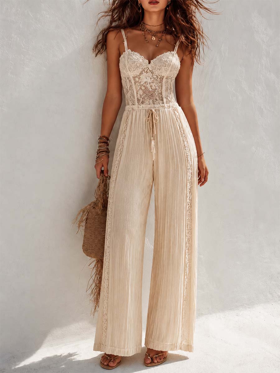 Bohemian cream lace corset and pleated wide-leg jumpsuit front view
