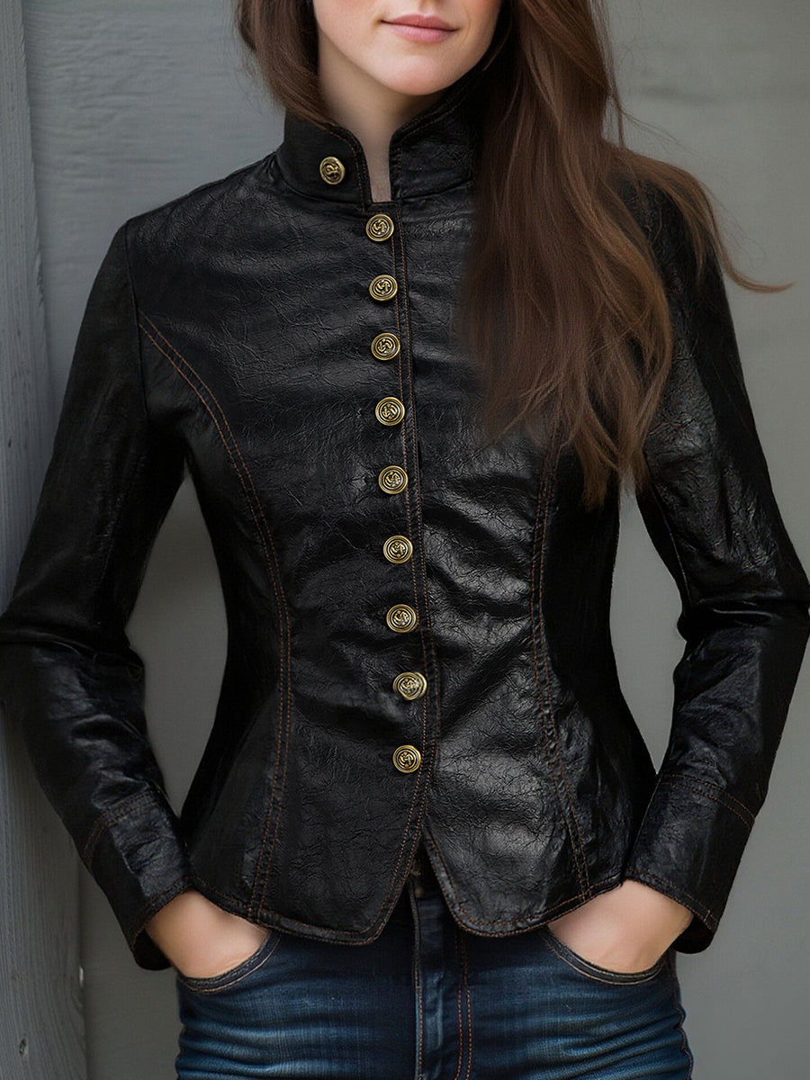 Retro stand collar metal button PU jacket front view